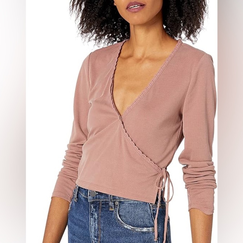 Lucky BrandLong Sleeve Rib Lace Trim Mauve Sandwash Wrap Blouse Plus Size XXL